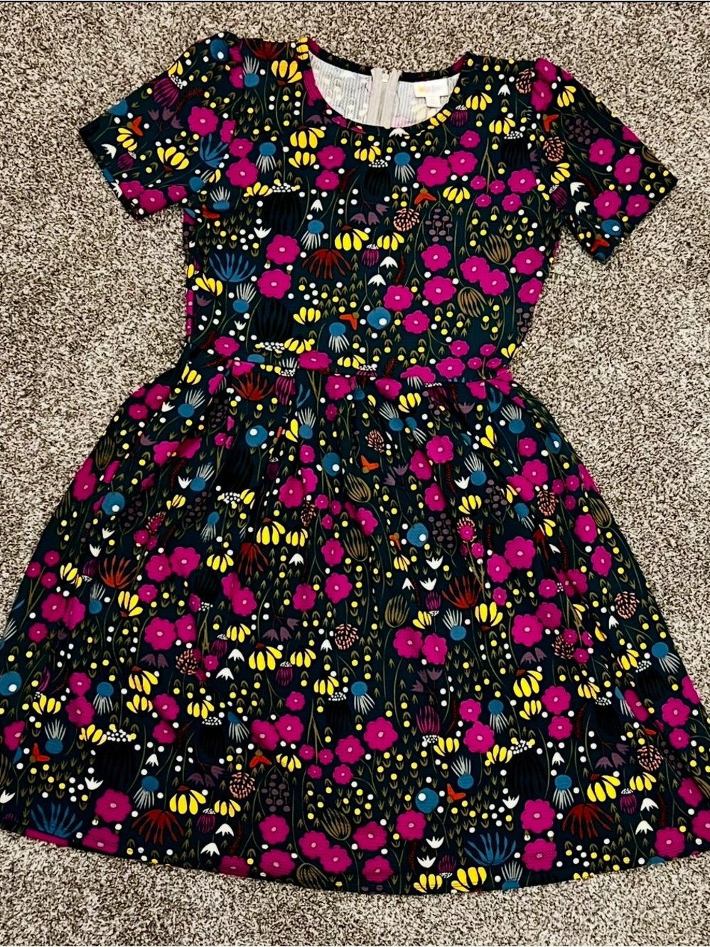 LuLaRoe Black Floral Fit & Flare Dress with Pink and Yellow Blooms
